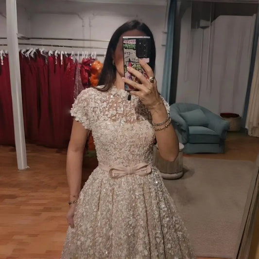 Enchanting  Embroidered Evening Gown with Bow