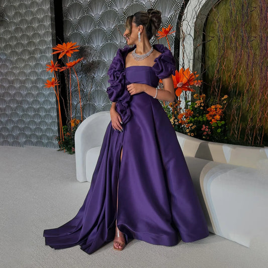 Jean Elegant Purple High Side Slit Evening Dress with Ruffle Capelet