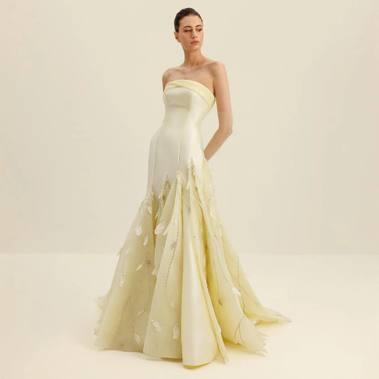 Strapless Light Yellow Beading Evening Dress with Feather
