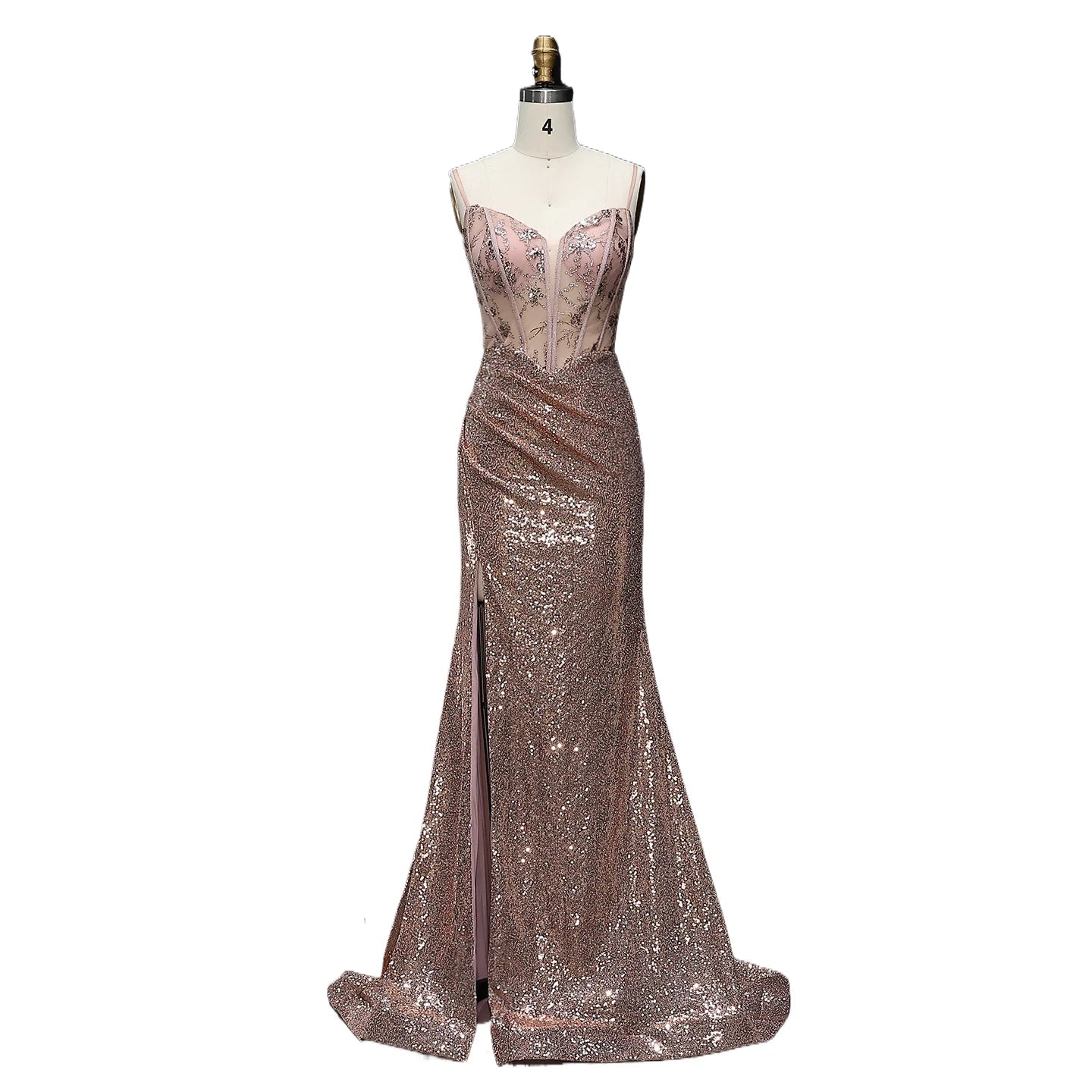 Athena Sequined Corset Sheer Prom Dress with Slit