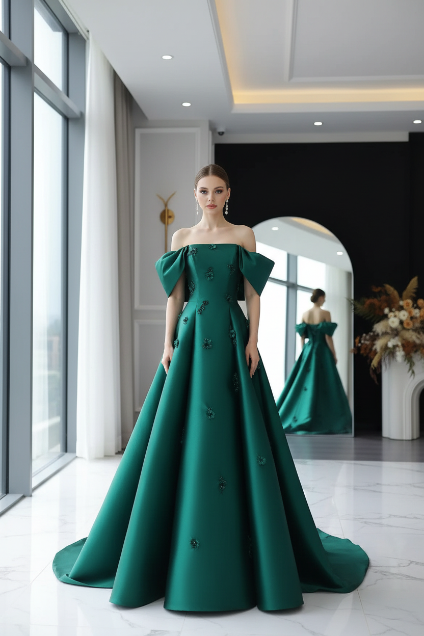 Aria Arabic Red Off Shoulder A-Line Evening Dress