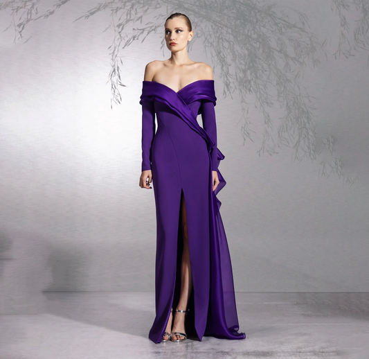 Lyka Off Shoulder Evening Dress with Overskirt Long Sleeves