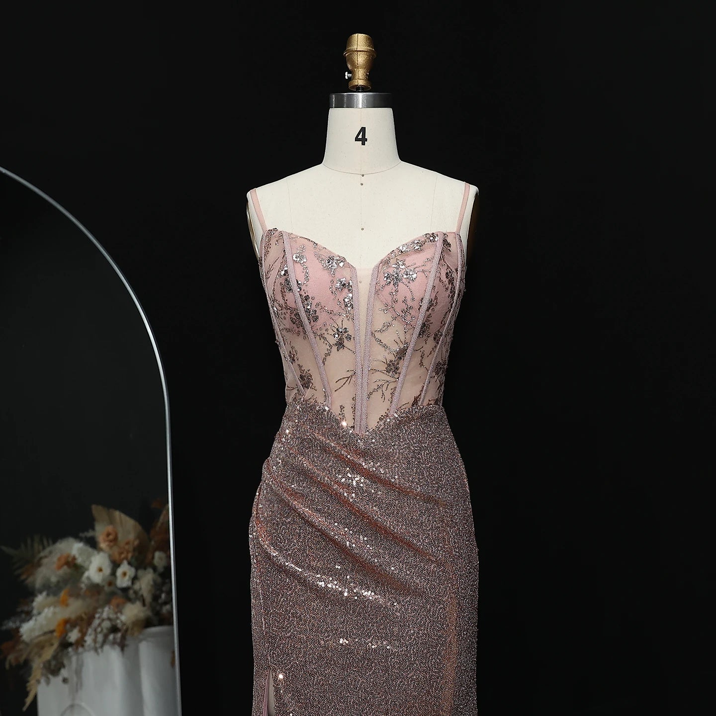 Athena Sequined Corset Sheer Prom Dress with Slit