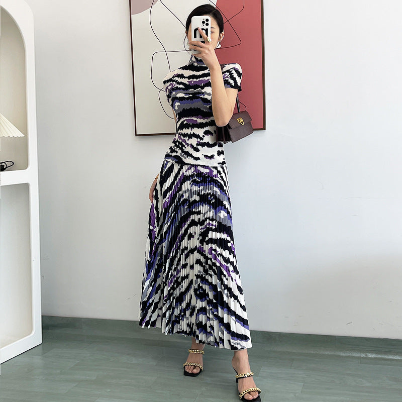 Polly Pleated Set Women Summer Elastic Slimming Stand Collar Short Sleeve T-shirt Top Long Skirt Fashion