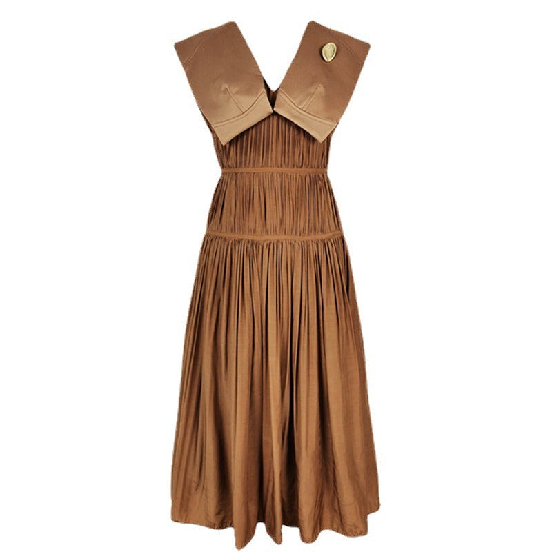Terry V-neck Sleeveless Thin Pleated Dress