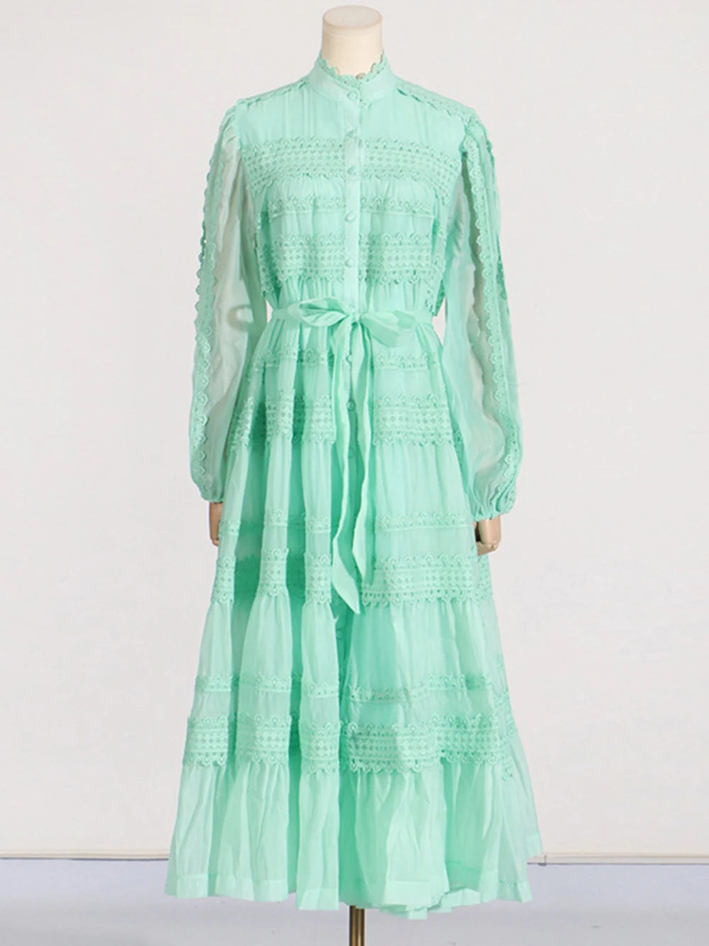 Eva  Stand Neck Short Sleeve  Lace Up Dress