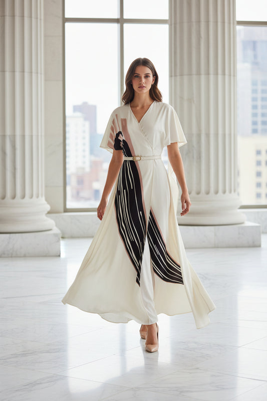 Wilma Summer Sexy V-Neck Waist Tie Print Shawl Maxi Dress