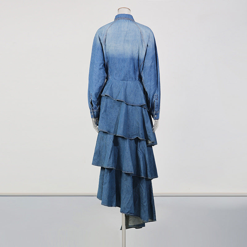 Retro Denim Layered Long  Half Skirt+Shirt Two-Piece Set