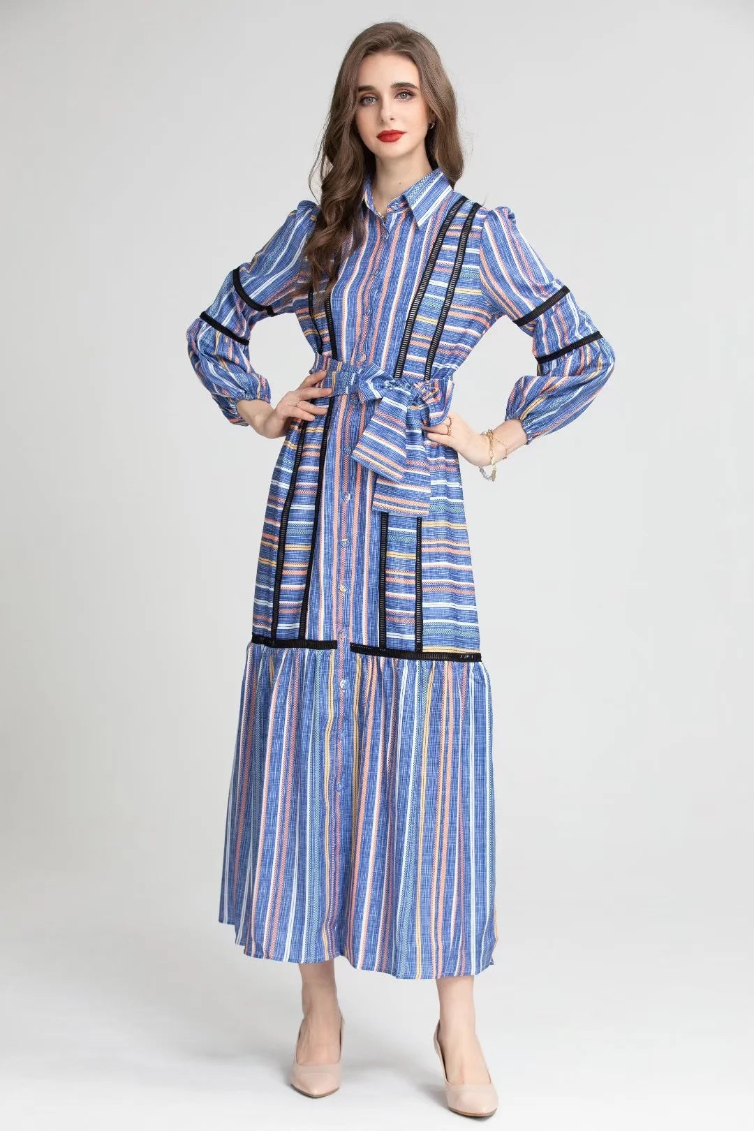 Sienna Striped Lace Retro Dress Long Skirt Women's Clothing Dress