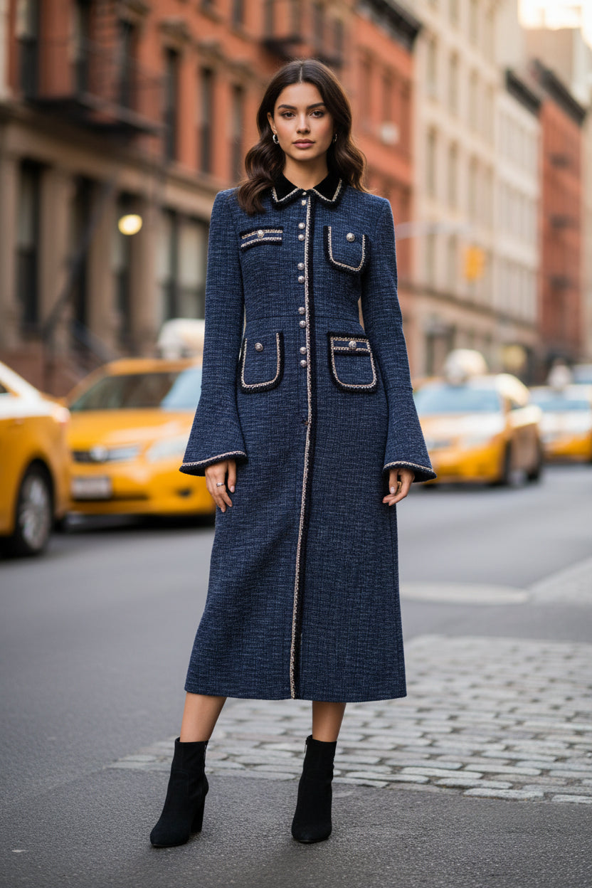 Ollana Lapel Spliced Pockets Long Sleeve High Waist Single Breasted Dress