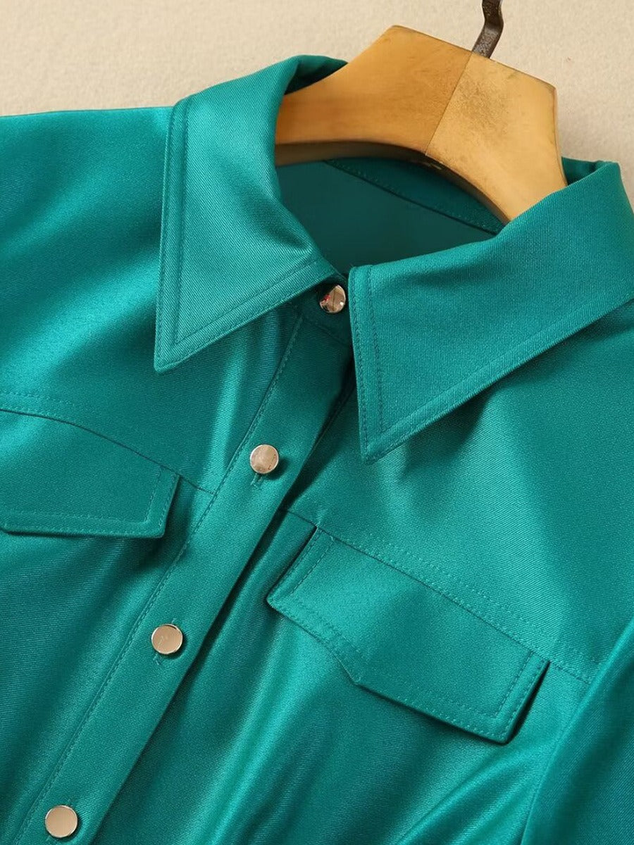 Lapel single-breasted belt mid-waist large hem mid-length Dress