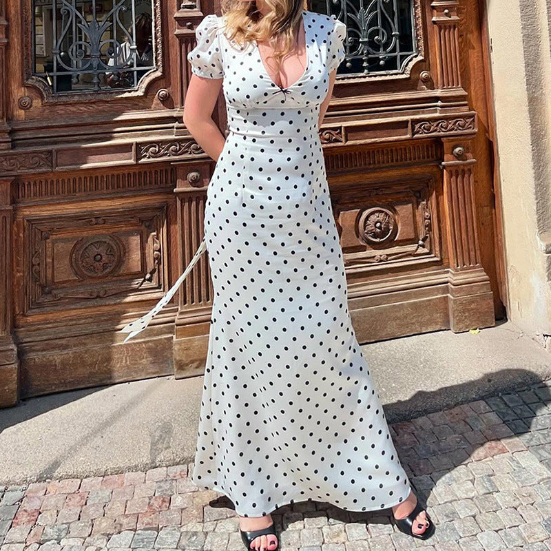 Skya Office Wear Bubble Sleeve Fitted Polka Dot Dress