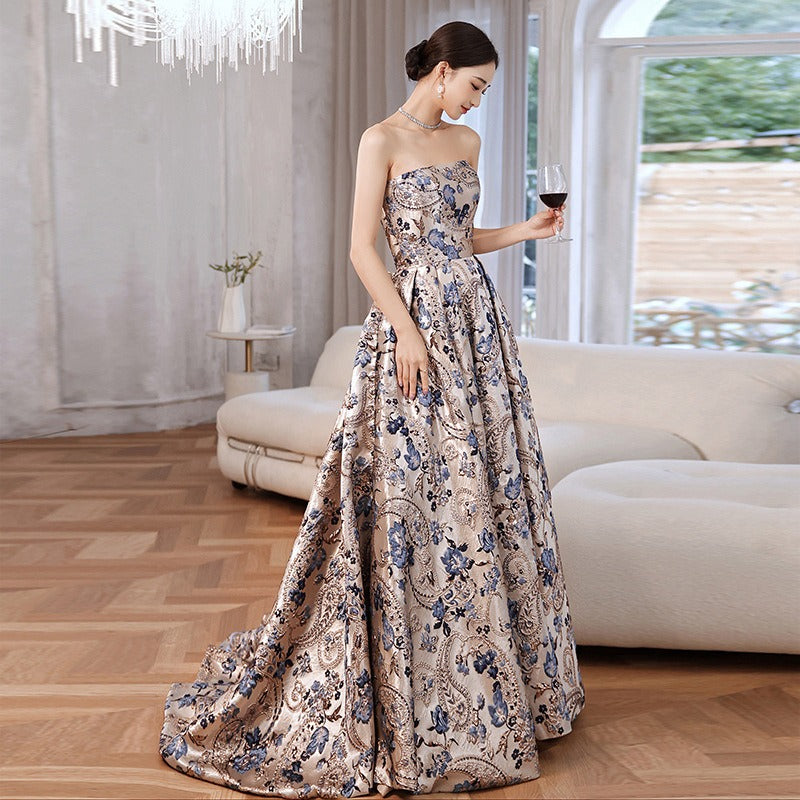 Diana Jacquard Printed Satin With Train Princess Ball Gown