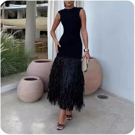 celeb style maxi dress Carol Sleeveless Tassel Hem Dress Slim Sexy Long Dress Celebrity Style –  VanillaStyle