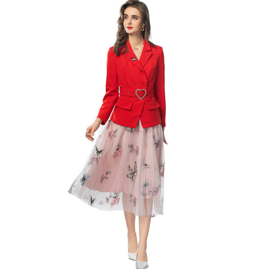 Leilanie Belted Long Sleeve Suit Jacket + Mesh Skirt Set
