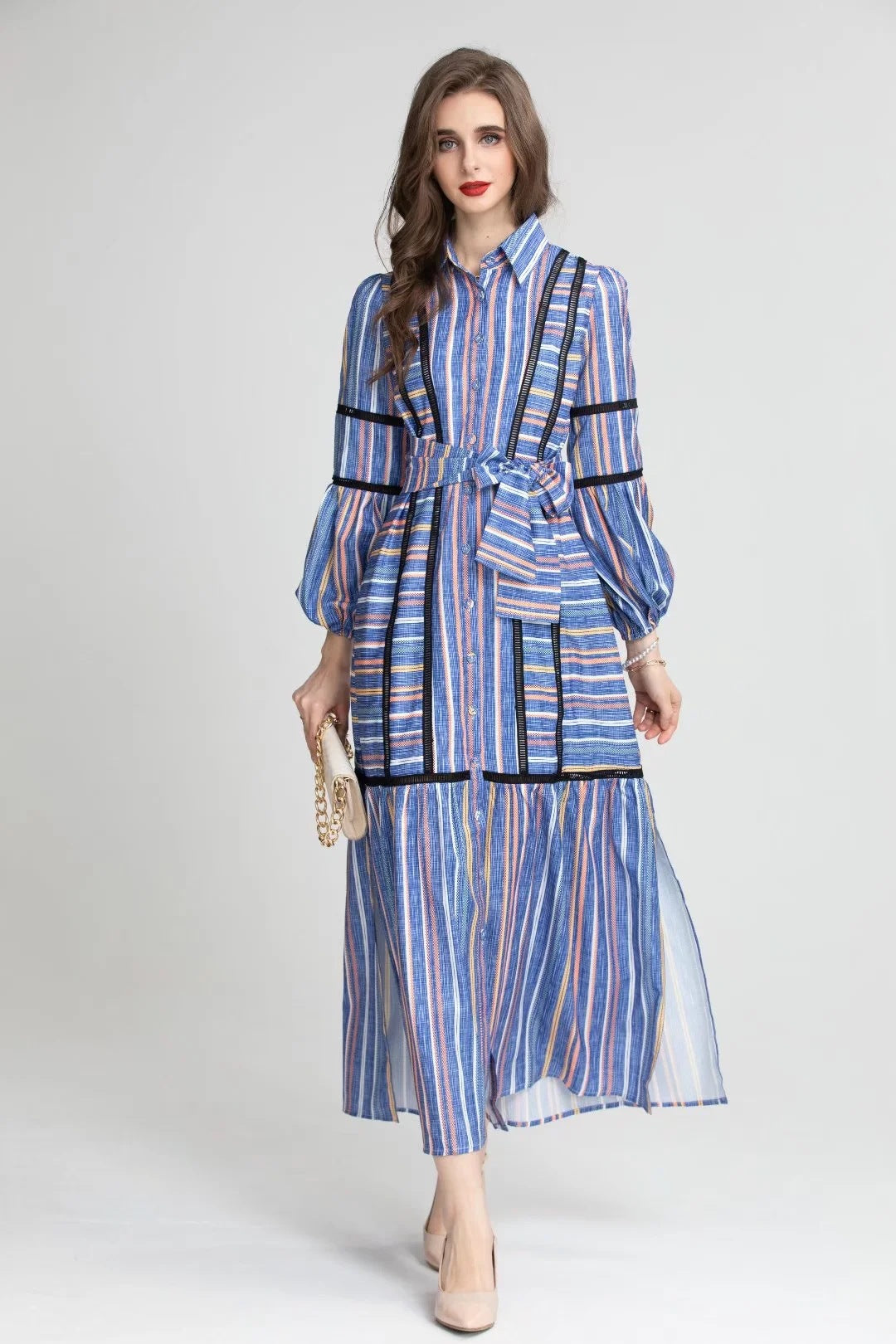 Sienna Striped Lace Retro Dress Long Skirt Women's Clothing Dress
