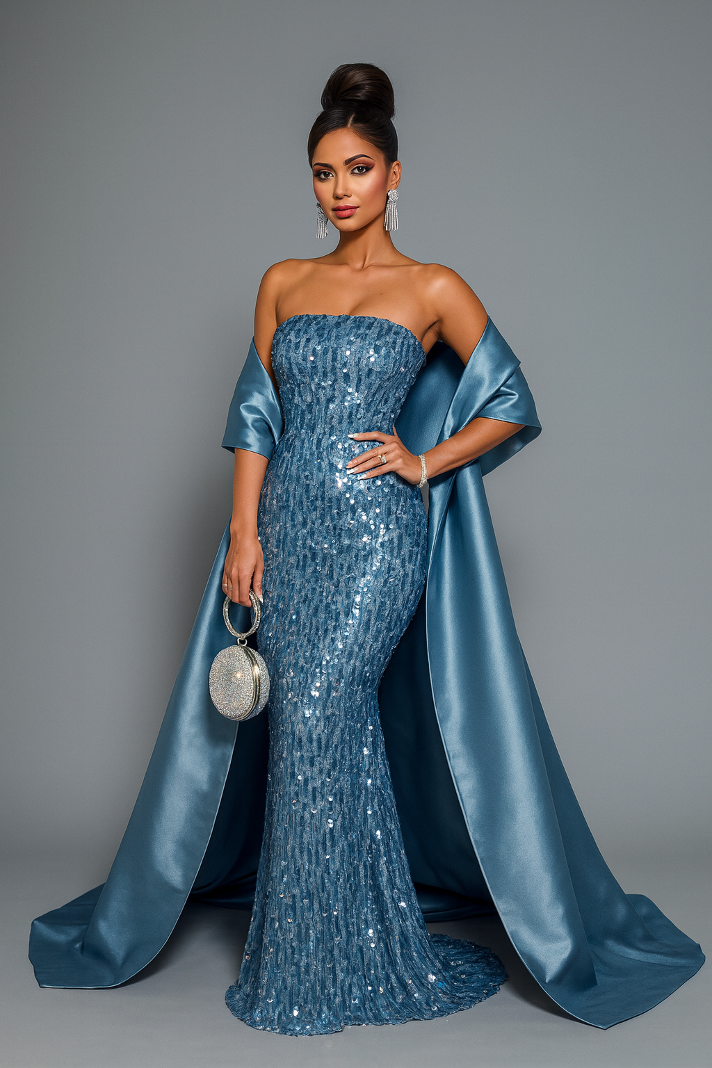 Isabel Strapless Sequin Blue Evening Dress with Satin Train