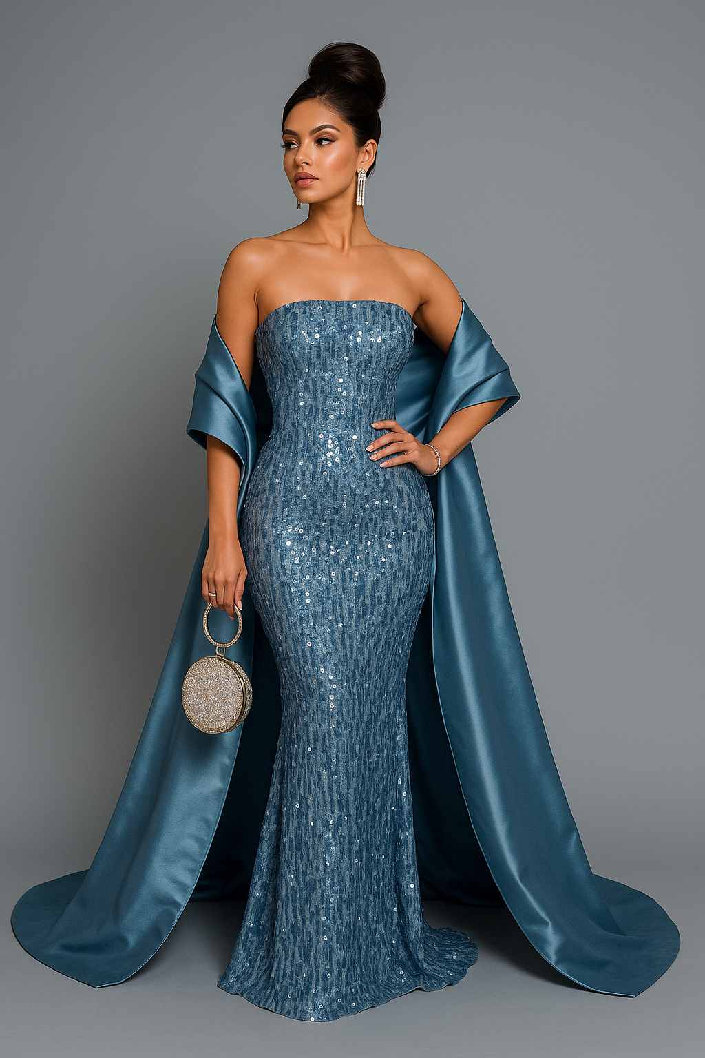 Isabel Strapless Sequin Blue Evening Dress with Satin Train