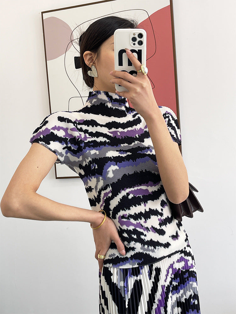 Polly Pleated Set Women Summer Elastic Slimming Stand Collar Short Sleeve T-shirt Top Long Skirt Fashion