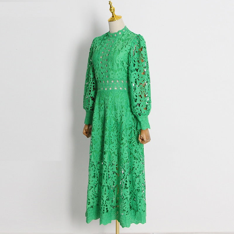 Freya French retro style embroidery large swing skirt bubble sleeve dress