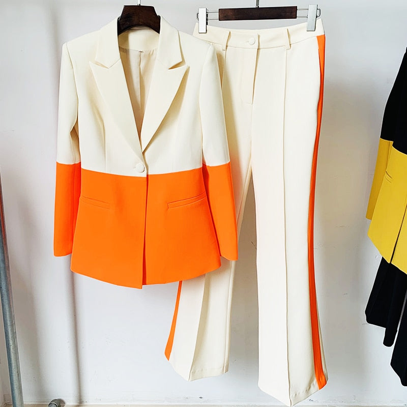 Nicolai Designer Runway Suit Set Women's Single Button Color Block Blazer Flare Pants Suit