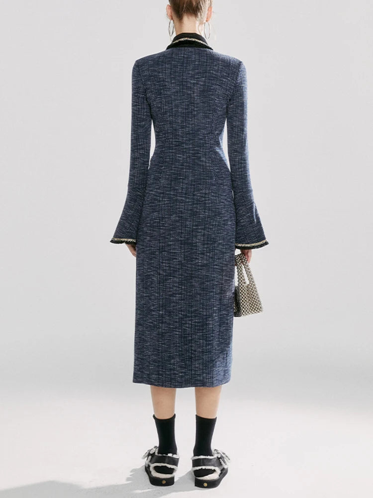 Ollana Lapel Spliced Pockets Long Sleeve High Waist Single Breasted Dress