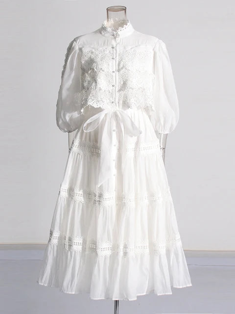 Eva  Stand Neck Short Sleeve  Lace Up Dress