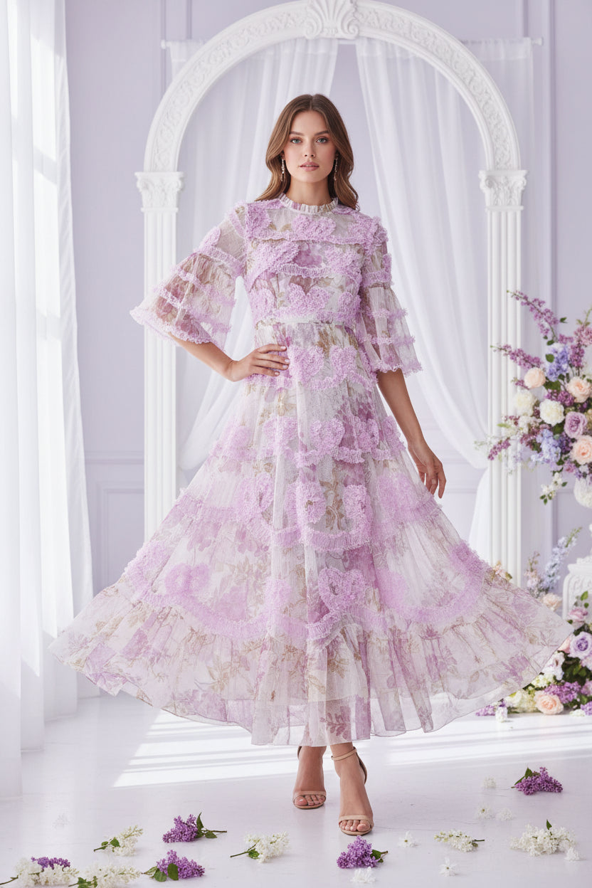 Weilla Sweet Simple Unique Round Neck Short Sleeve Long Dress