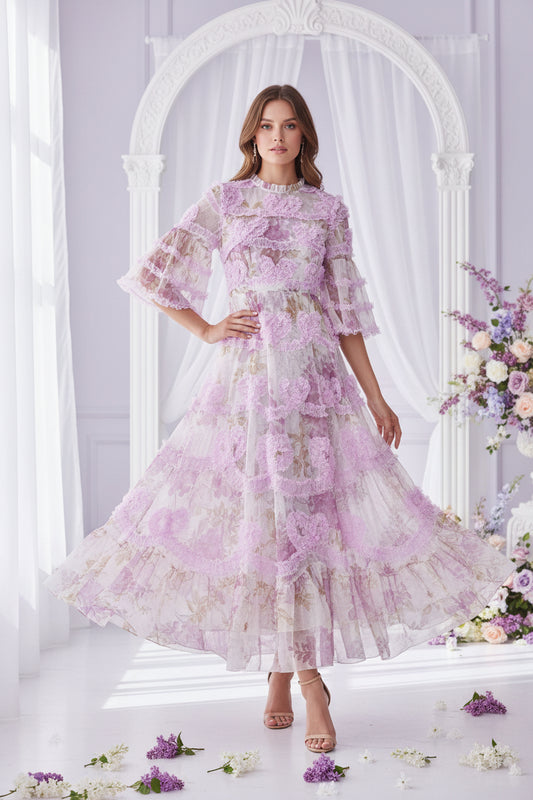 Weilla Sweet Simple Unique Round Neck Short Sleeve Long Dress
