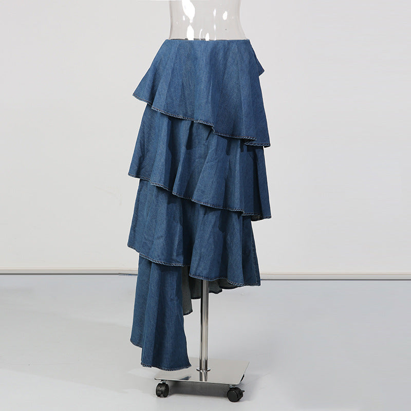 Retro Denim Layered Long  Half Skirt+Shirt Two-Piece Set