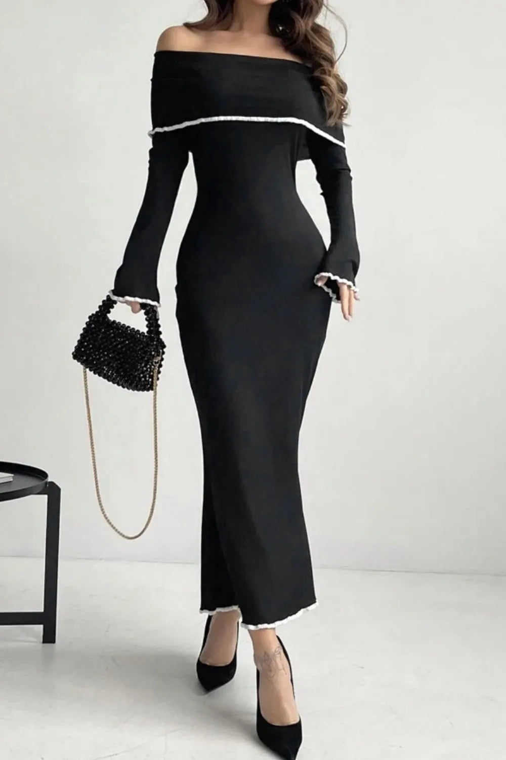 Matet Contrast Trim Off-Shoulder Long Sleeve Maxi Sweater Dress