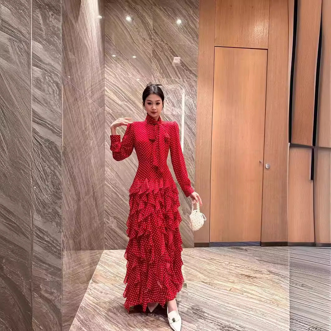 Hanna Polka Dot Print Waist Cinched Ruffle Edge Dress