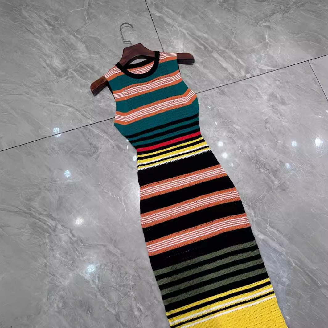 Lorna Colorful Horizontal Striped Jacquard Woven Slim Fit Knit Dress