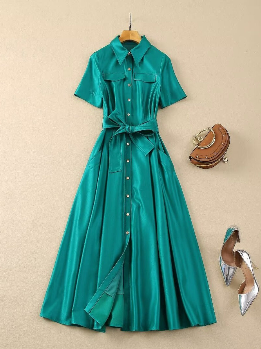 Lapel single-breasted belt mid-waist large hem mid-length Dress
