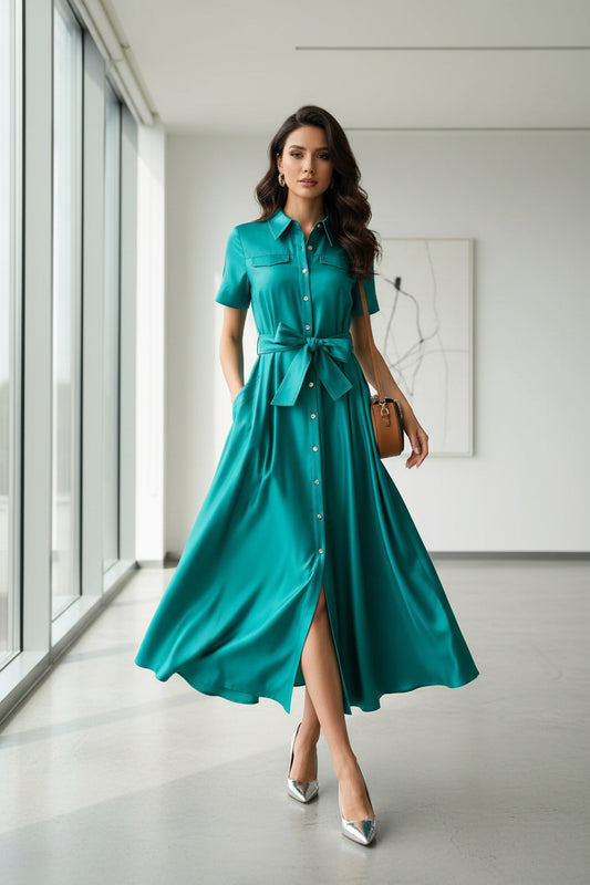 Lapel single-breasted belt mid-waist large hem mid-length Dress