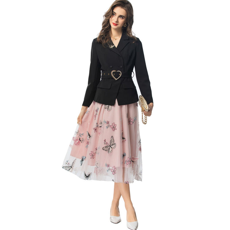 Leilanie Belted Long Sleeve Suit Jacket + Mesh Skirt Set