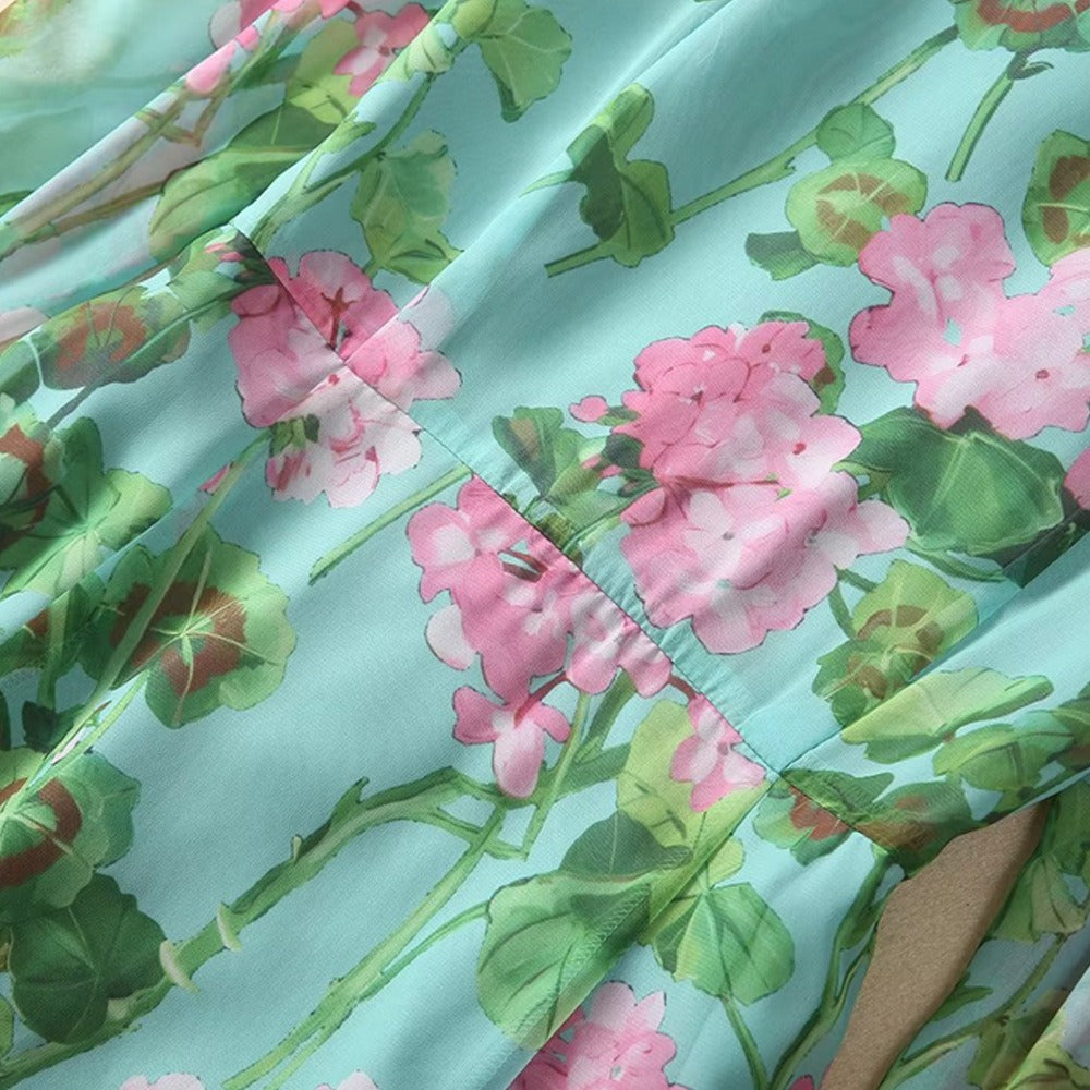 Paula collar long sleeved green printed long dress
