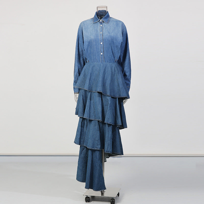Retro Denim Layered Long  Half Skirt+Shirt Two-Piece Set