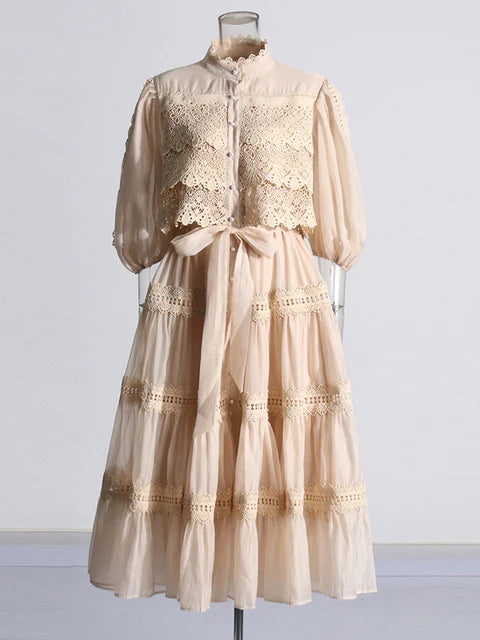 Eva  Stand Neck Short Sleeve  Lace Up Dress