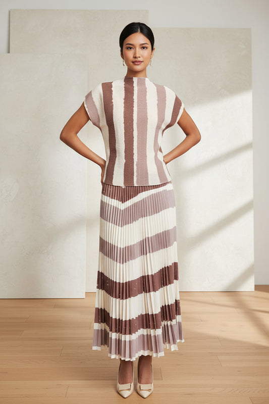 Carmella Printed Striped Pleated 2 Pieces Set