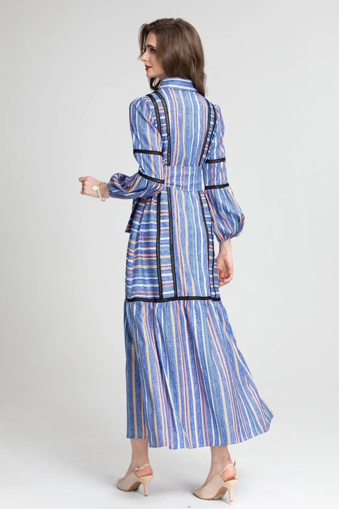 Sienna Striped Lace Retro Dress Long Skirt Women's Clothing Dress