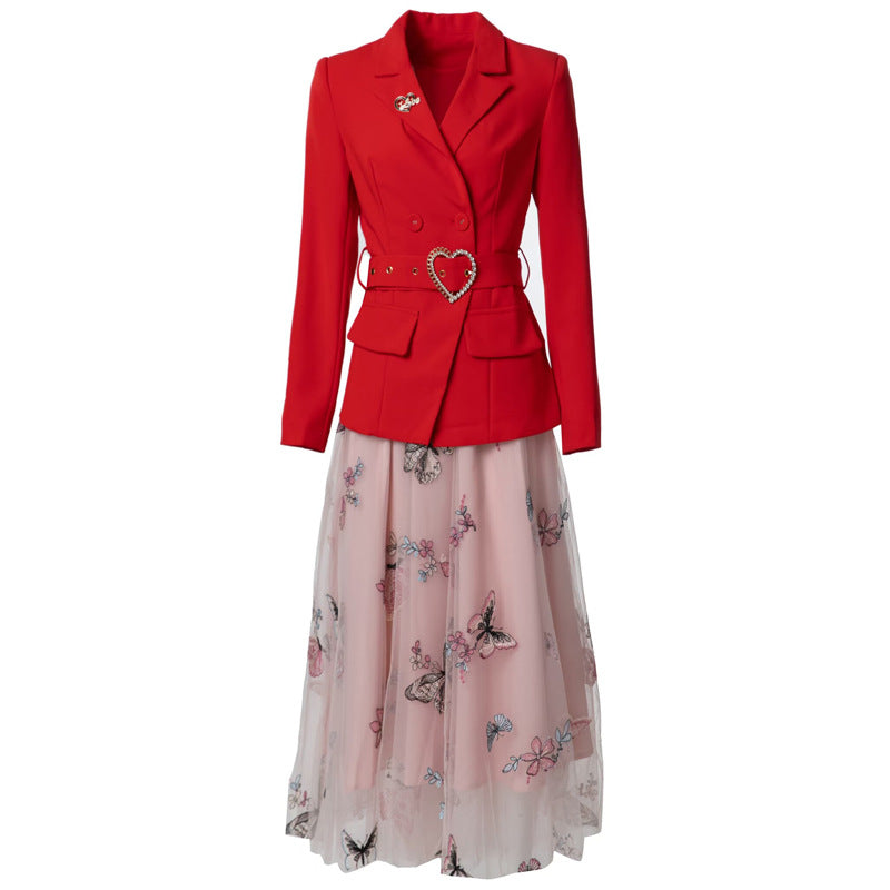 Leilanie Belted Long Sleeve Suit Jacket + Mesh Skirt Set