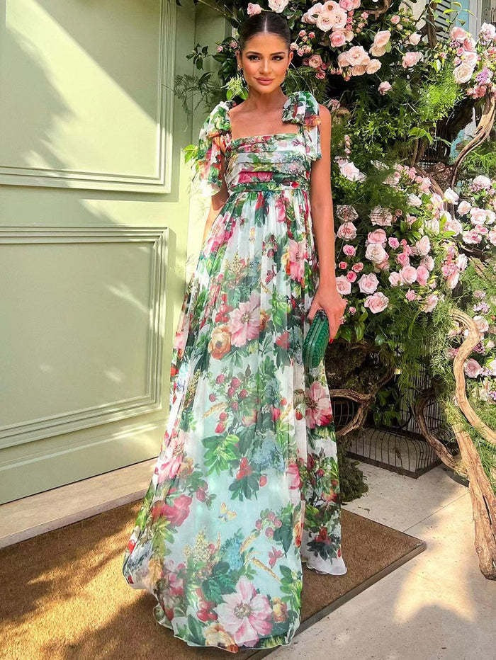Sachzna Rose Print Patchwork Long Dress for Women