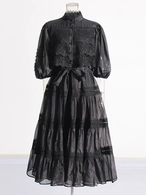 Eva  Stand Neck Short Sleeve  Lace Up Dress