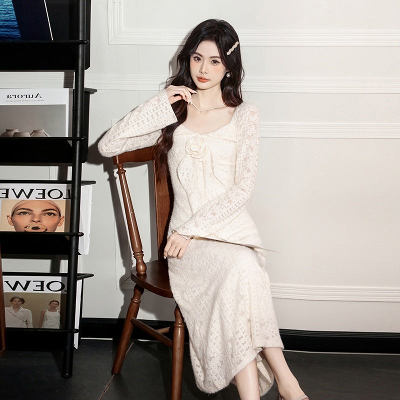 Emma Floral Brushed Lace Fitted Long Dress for Women