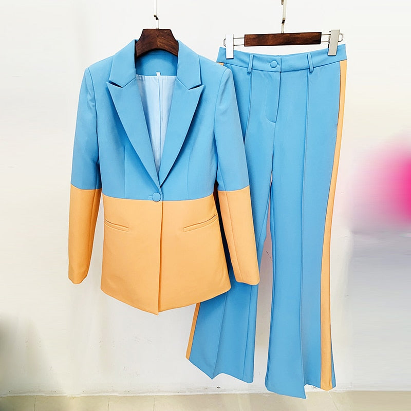 Nicolai Designer Runway Suit Set Women's Single Button Color Block Blazer Flare Pants Suit