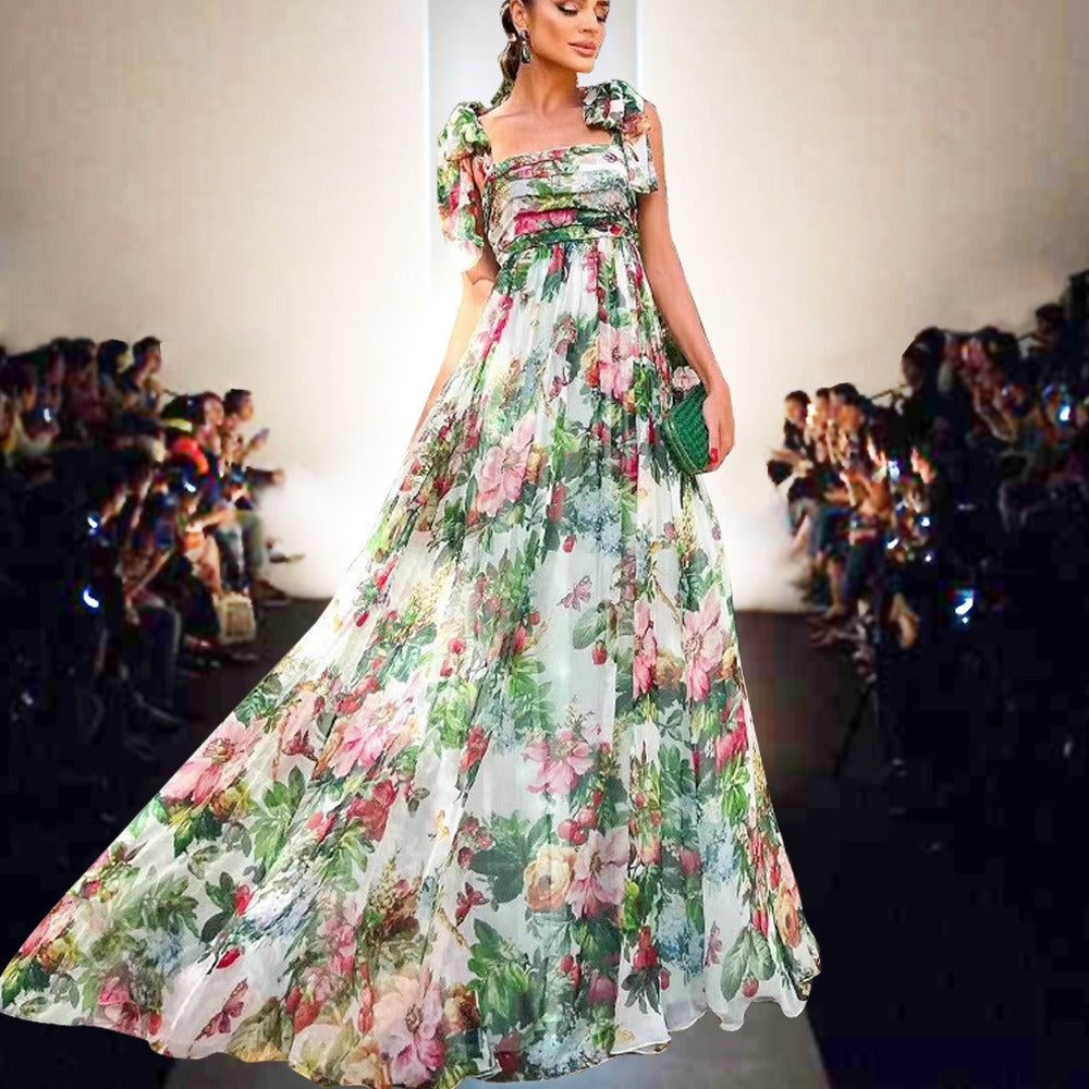 Sachzna Rose Print Patchwork Long Dress for Women