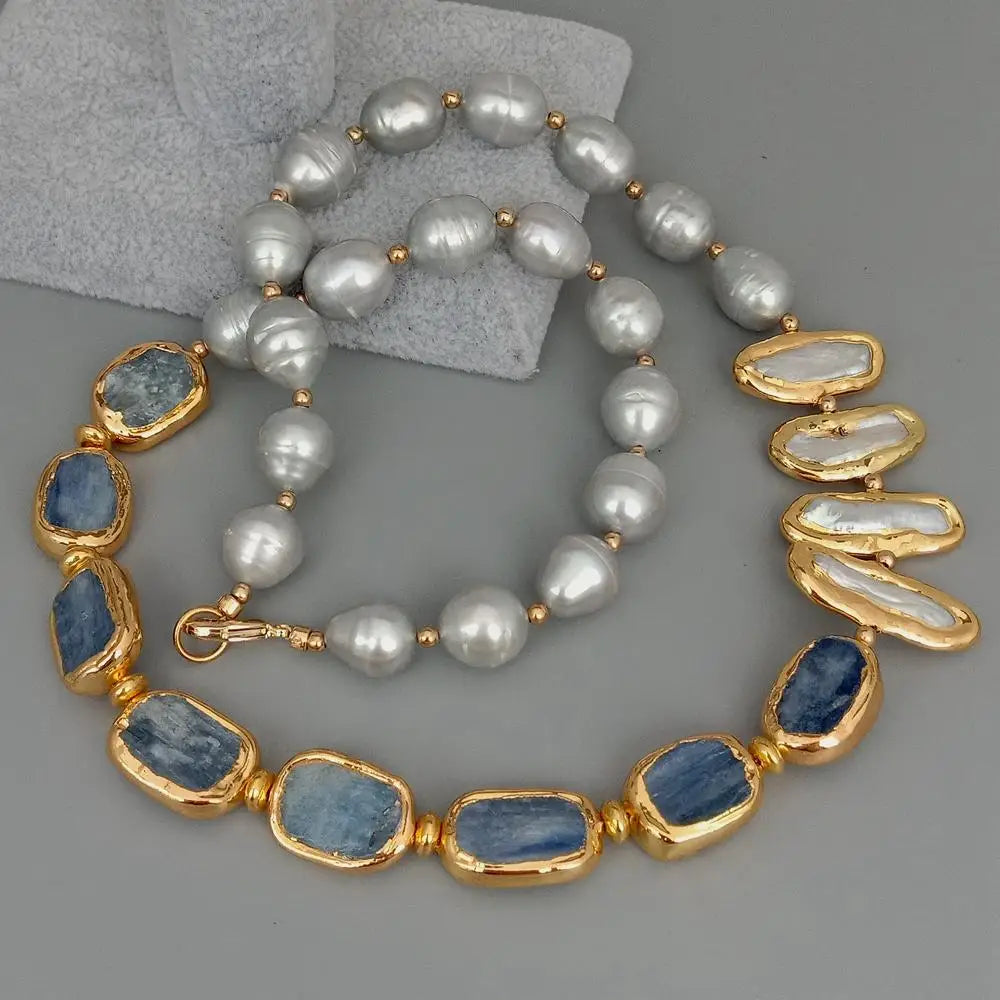 Freshwater Cultured  Biwa Pearl Blue Kyanites Necklace 23"