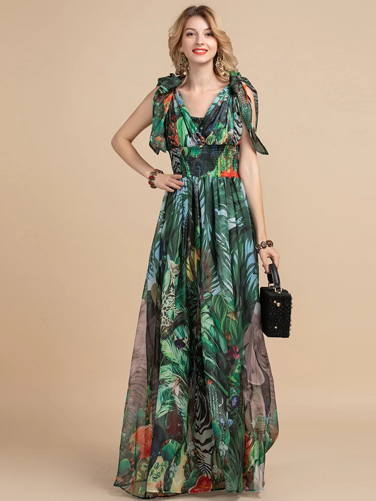 Mina V-Neck elastic Vintage Floral Print Holiday Boho Maxi Dress