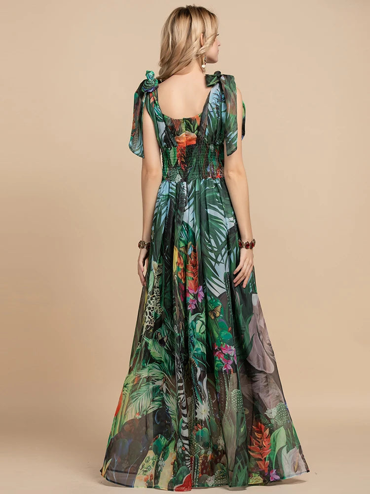 Mina V-Neck elastic Vintage Floral Print Holiday Boho Maxi Dress